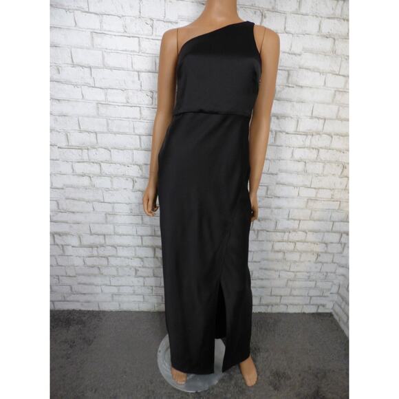 $248 BHLDN Dylan One Shoulder Satin Side Slit Gown in Black 12 NEW - Picture 4 of 13